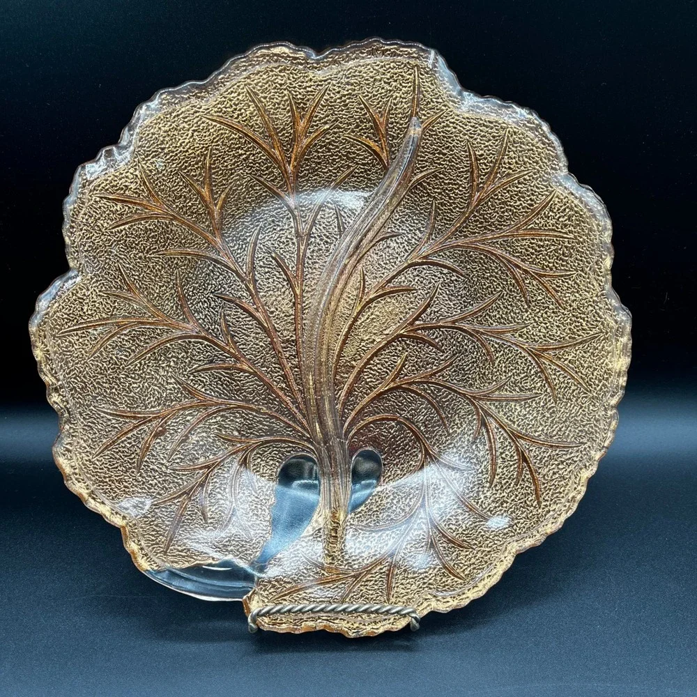 Vtg Amber Gold Indiana Glass Leaf Tree of Life Divided Relish Dish Textured 10